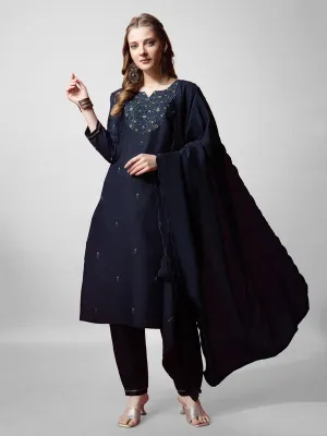 Womens Navy Embroidered Cotton Blend Kurta Pant Set With Dupatta