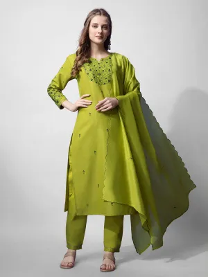 Womens Parrot Embroidered Cotton Blend Kurta Pant Set With Dupatta